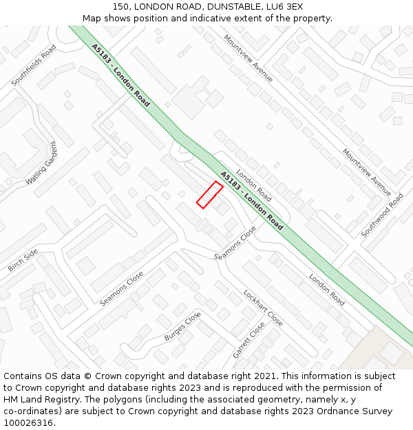 150, LONDON ROAD, DUNSTABLE, LU6 3EX: Location map and indicative extent of plot