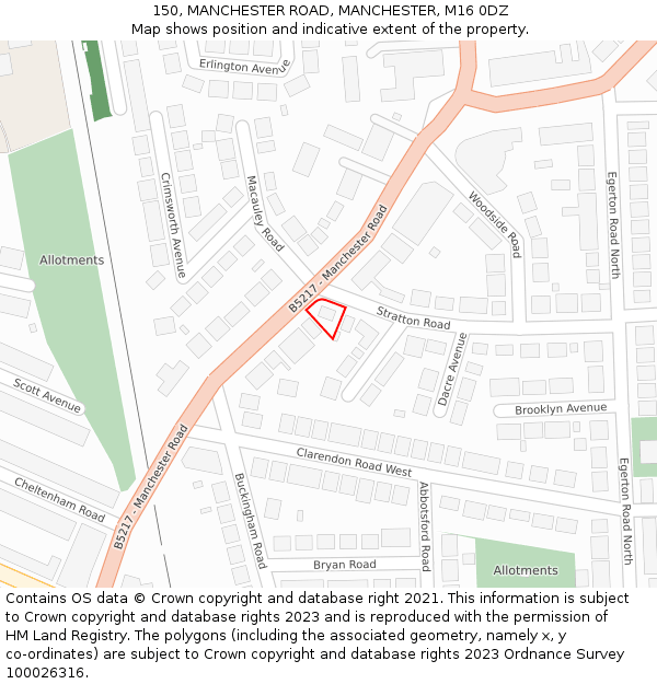 150, MANCHESTER ROAD, MANCHESTER, M16 0DZ: Location map and indicative extent of plot