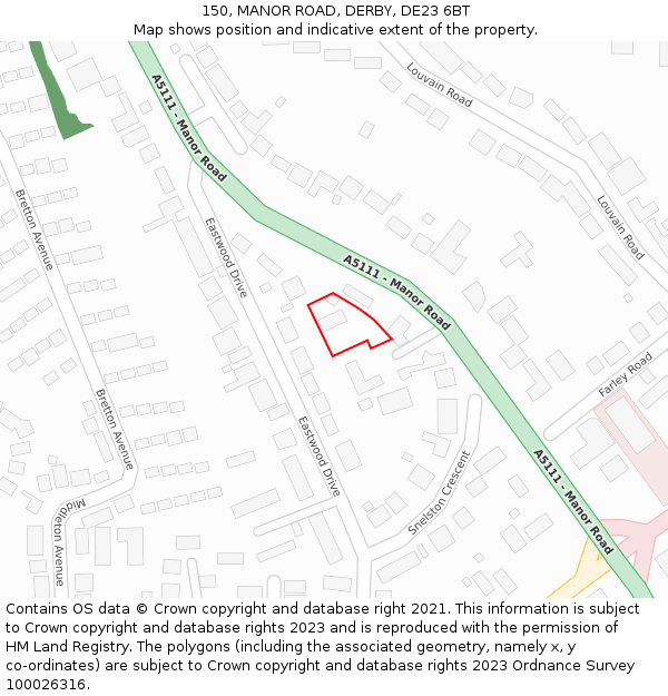 150, MANOR ROAD, DERBY, DE23 6BT: Location map and indicative extent of plot