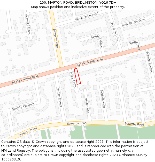 150, MARTON ROAD, BRIDLINGTON, YO16 7DH: Location map and indicative extent of plot