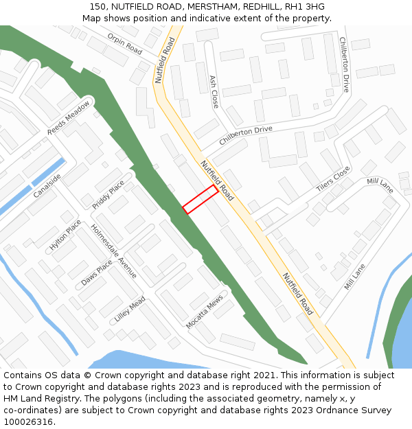 150, NUTFIELD ROAD, MERSTHAM, REDHILL, RH1 3HG: Location map and indicative extent of plot