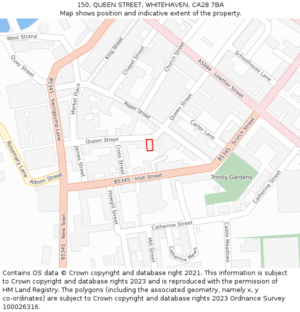 150, QUEEN STREET, WHITEHAVEN, CA28 7BA: Location map and indicative extent of plot