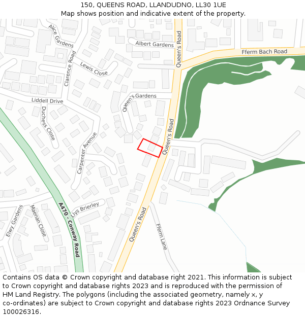 150, QUEENS ROAD, LLANDUDNO, LL30 1UE: Location map and indicative extent of plot