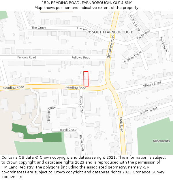 150, READING ROAD, FARNBOROUGH, GU14 6NY: Location map and indicative extent of plot