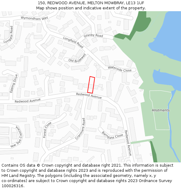 150, REDWOOD AVENUE, MELTON MOWBRAY, LE13 1UF: Location map and indicative extent of plot