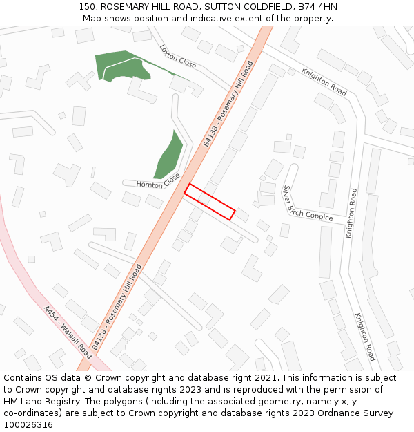150, ROSEMARY HILL ROAD, SUTTON COLDFIELD, B74 4HN: Location map and indicative extent of plot