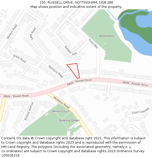 150, RUSSELL DRIVE, NOTTINGHAM, NG8 2BE: Location map and indicative extent of plot