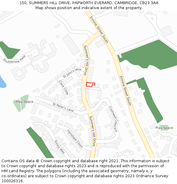 150, SUMMERS HILL DRIVE, PAPWORTH EVERARD, CAMBRIDGE, CB23 3AA: Location map and indicative extent of plot