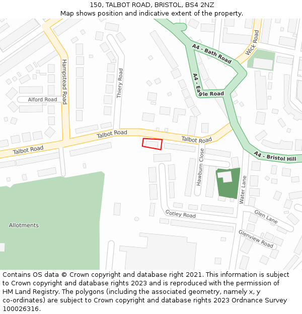 150, TALBOT ROAD, BRISTOL, BS4 2NZ: Location map and indicative extent of plot