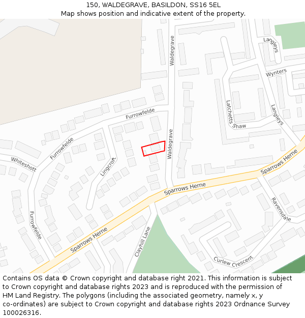 150, WALDEGRAVE, BASILDON, SS16 5EL: Location map and indicative extent of plot