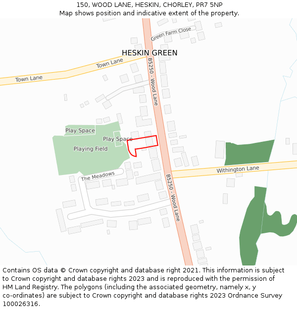 150, WOOD LANE, HESKIN, CHORLEY, PR7 5NP: Location map and indicative extent of plot