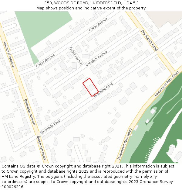 150, WOODSIDE ROAD, HUDDERSFIELD, HD4 5JF: Location map and indicative extent of plot