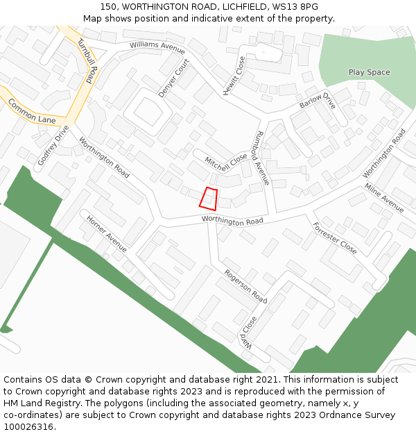 150, WORTHINGTON ROAD, LICHFIELD, WS13 8PG: Location map and indicative extent of plot