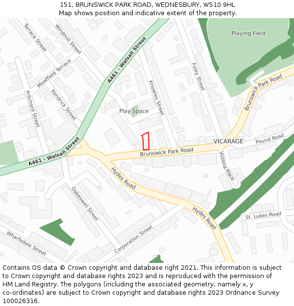 151, BRUNSWICK PARK ROAD, WEDNESBURY, WS10 9HL: Location map and indicative extent of plot