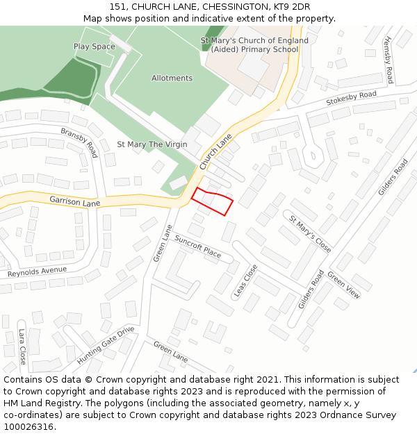 151, CHURCH LANE, CHESSINGTON, KT9 2DR: Location map and indicative extent of plot