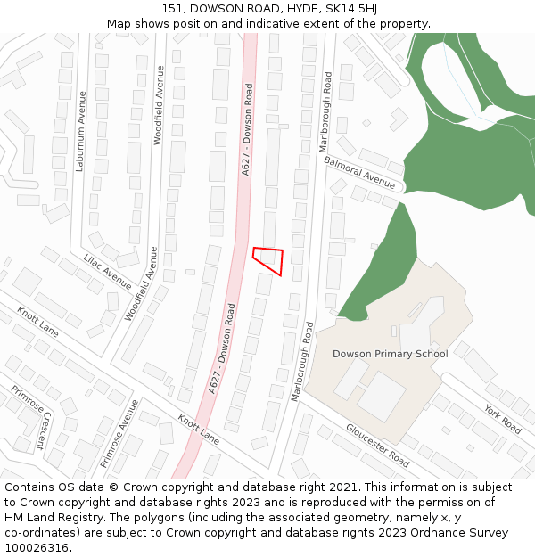 151, DOWSON ROAD, HYDE, SK14 5HJ: Location map and indicative extent of plot