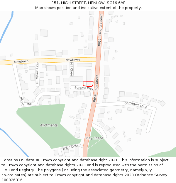 151, HIGH STREET, HENLOW, SG16 6AE: Location map and indicative extent of plot