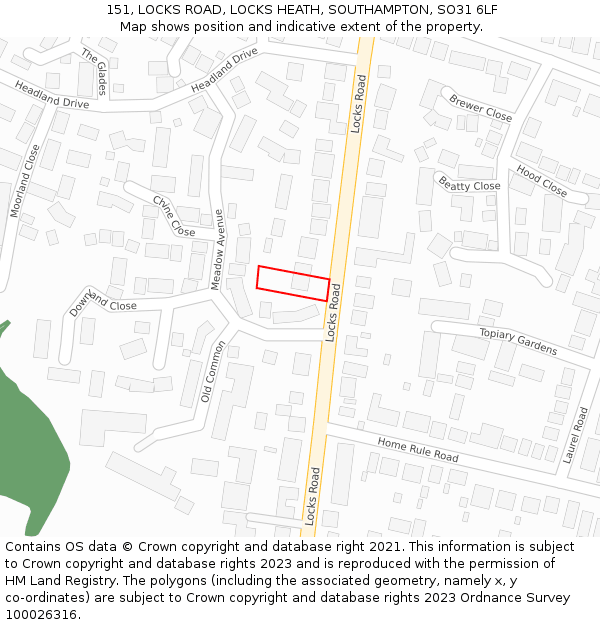 151, LOCKS ROAD, LOCKS HEATH, SOUTHAMPTON, SO31 6LF: Location map and indicative extent of plot