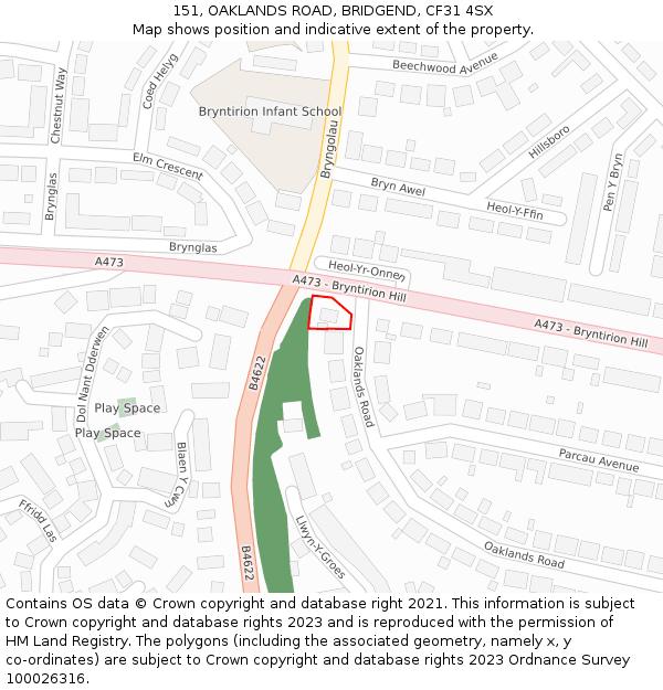 151, OAKLANDS ROAD, BRIDGEND, CF31 4SX: Location map and indicative extent of plot