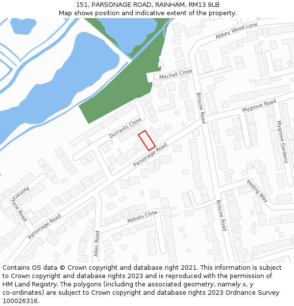 151, PARSONAGE ROAD, RAINHAM, RM13 9LB: Location map and indicative extent of plot