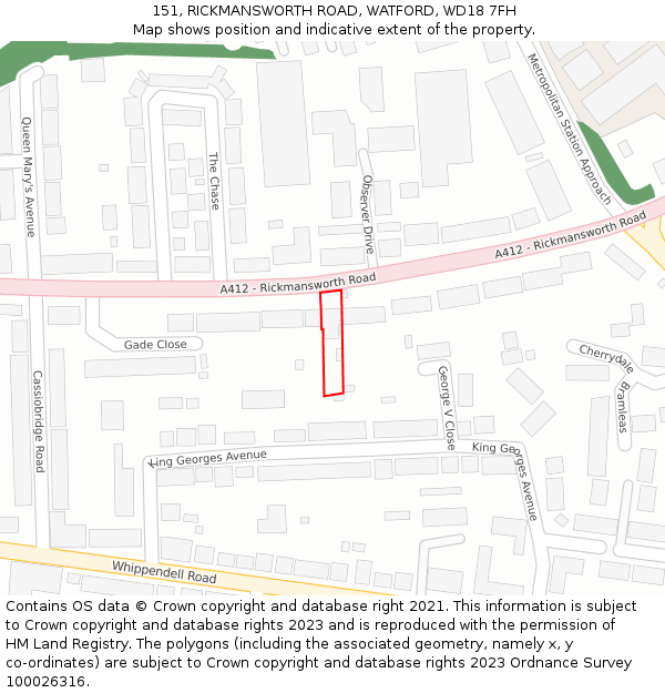 151, RICKMANSWORTH ROAD, WATFORD, WD18 7FH: Location map and indicative extent of plot