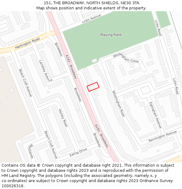 151, THE BROADWAY, NORTH SHIELDS, NE30 3TA: Location map and indicative extent of plot