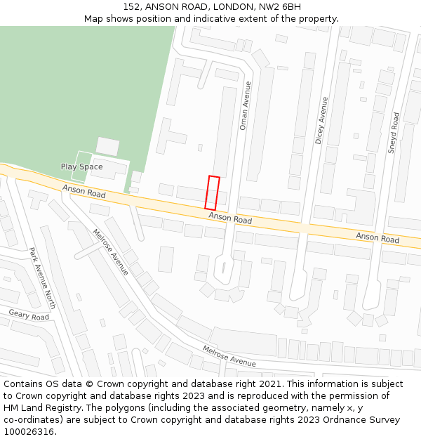 152, ANSON ROAD, LONDON, NW2 6BH: Location map and indicative extent of plot