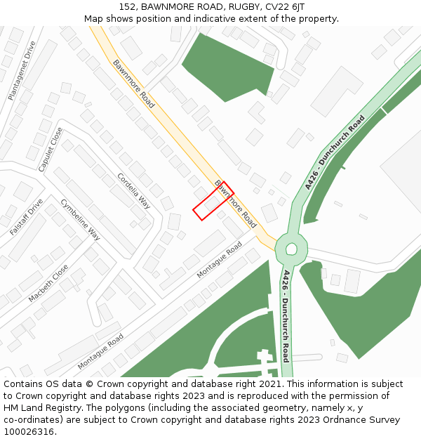 152, BAWNMORE ROAD, RUGBY, CV22 6JT: Location map and indicative extent of plot