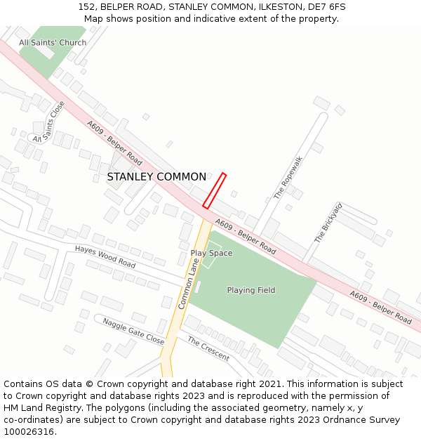 152, BELPER ROAD, STANLEY COMMON, ILKESTON, DE7 6FS: Location map and indicative extent of plot