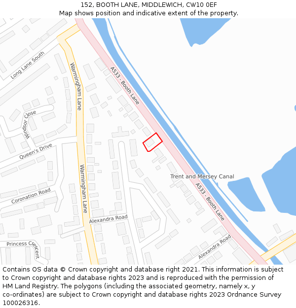 152, BOOTH LANE, MIDDLEWICH, CW10 0EF: Location map and indicative extent of plot