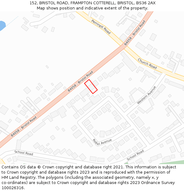 152, BRISTOL ROAD, FRAMPTON COTTERELL, BRISTOL, BS36 2AX: Location map and indicative extent of plot