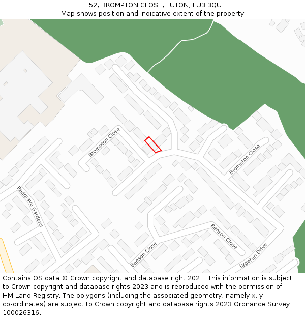 152, BROMPTON CLOSE, LUTON, LU3 3QU: Location map and indicative extent of plot