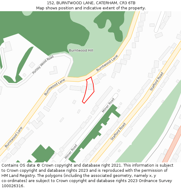 152, BURNTWOOD LANE, CATERHAM, CR3 6TB: Location map and indicative extent of plot