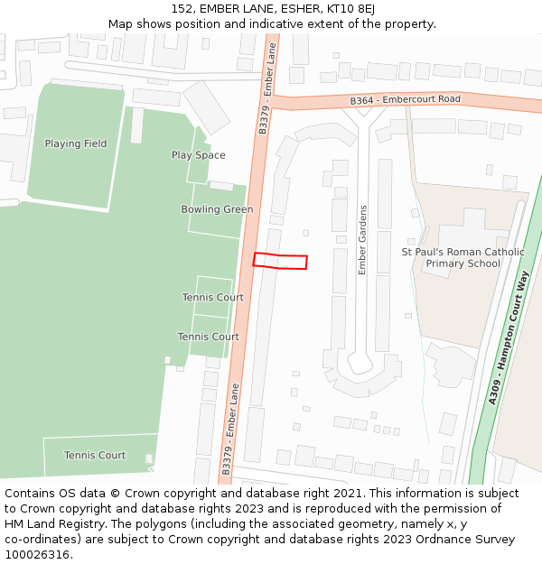 152, EMBER LANE, ESHER, KT10 8EJ: Location map and indicative extent of plot