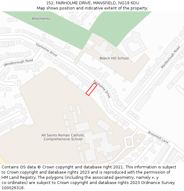 152, FAIRHOLME DRIVE, MANSFIELD, NG19 6DU: Location map and indicative extent of plot