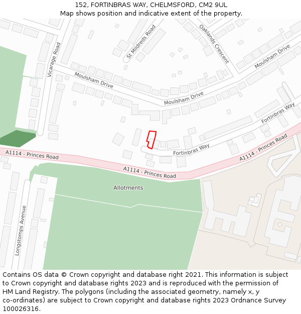 152, FORTINBRAS WAY, CHELMSFORD, CM2 9UL: Location map and indicative extent of plot