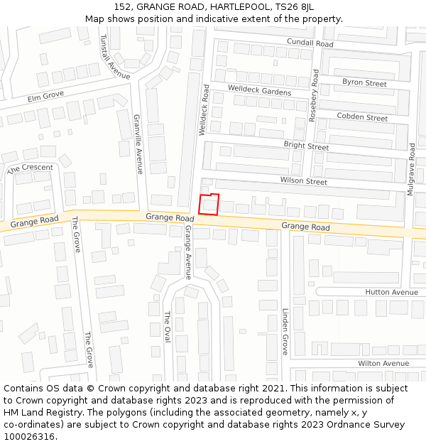 152, GRANGE ROAD, HARTLEPOOL, TS26 8JL: Location map and indicative extent of plot