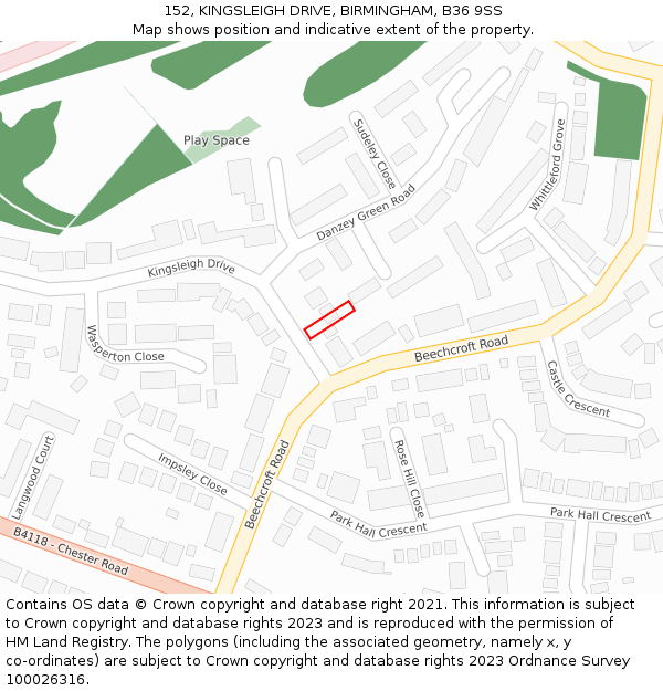 152, KINGSLEIGH DRIVE, BIRMINGHAM, B36 9SS: Location map and indicative extent of plot