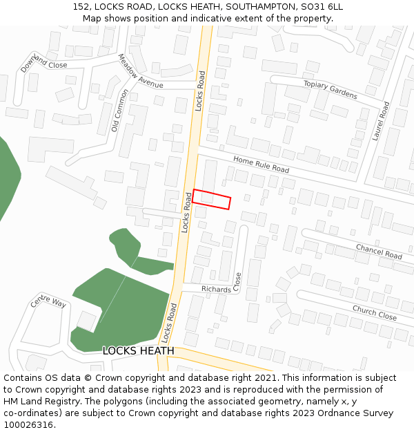 152, LOCKS ROAD, LOCKS HEATH, SOUTHAMPTON, SO31 6LL: Location map and indicative extent of plot