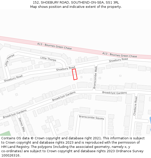 152, SHOEBURY ROAD, SOUTHEND-ON-SEA, SS1 3RL: Location map and indicative extent of plot