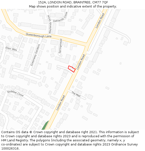 152A, LONDON ROAD, BRAINTREE, CM77 7QF: Location map and indicative extent of plot