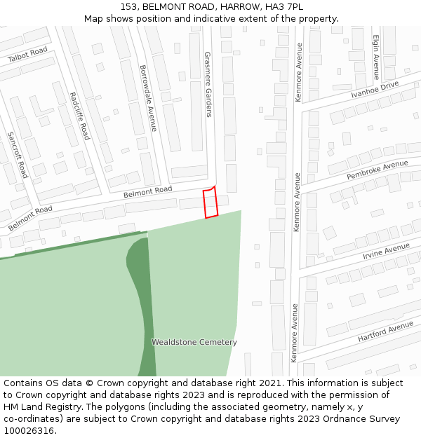 153, BELMONT ROAD, HARROW, HA3 7PL: Location map and indicative extent of plot