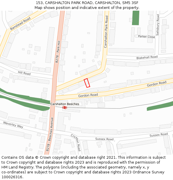 153, CARSHALTON PARK ROAD, CARSHALTON, SM5 3SF: Location map and indicative extent of plot