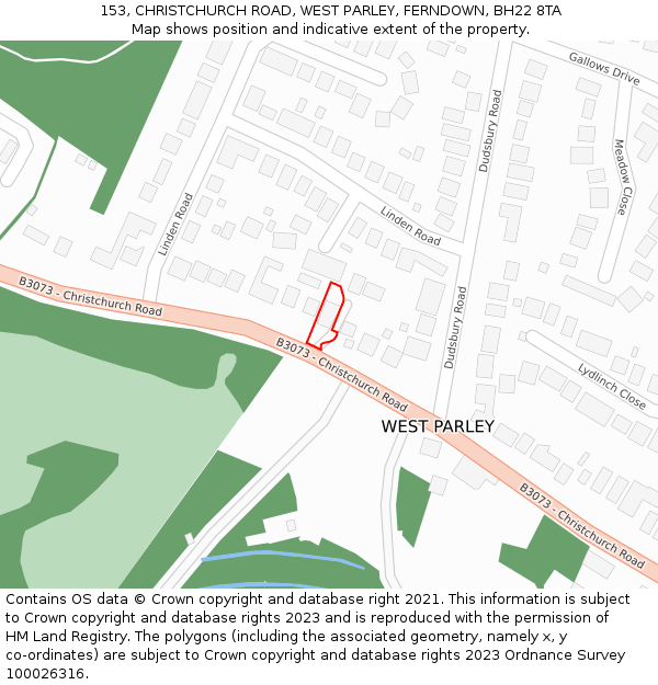 153, CHRISTCHURCH ROAD, WEST PARLEY, FERNDOWN, BH22 8TA: Location map and indicative extent of plot