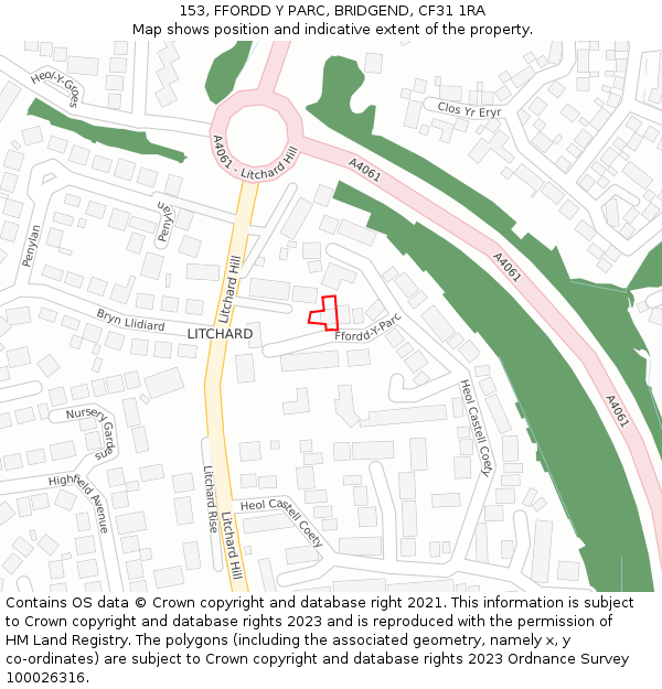 153, FFORDD Y PARC, BRIDGEND, CF31 1RA: Location map and indicative extent of plot
