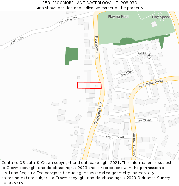 153, FROGMORE LANE, WATERLOOVILLE, PO8 9RD: Location map and indicative extent of plot