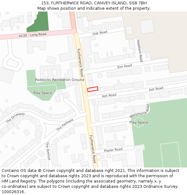 153, FURTHERWICK ROAD, CANVEY ISLAND, SS8 7BH: Location map and indicative extent of plot