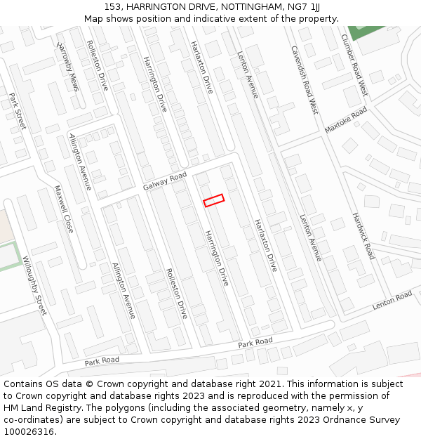 153, HARRINGTON DRIVE, NOTTINGHAM, NG7 1JJ: Location map and indicative extent of plot