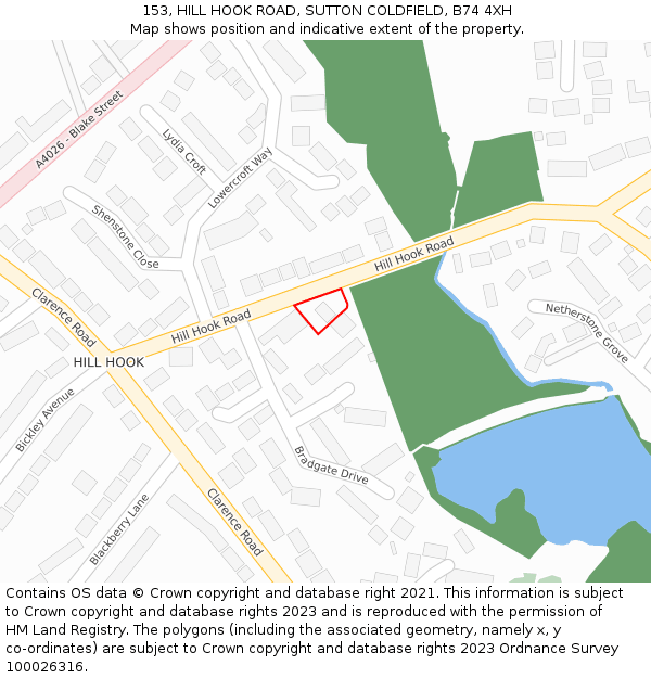 153, HILL HOOK ROAD, SUTTON COLDFIELD, B74 4XH: Location map and indicative extent of plot