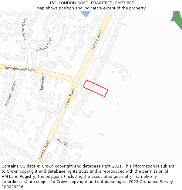 153, LONDON ROAD, BRAINTREE, CM77 8PT: Location map and indicative extent of plot